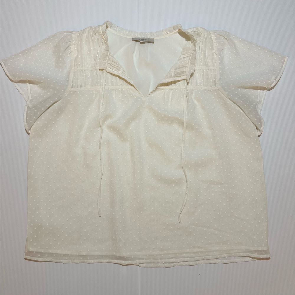 LOFT - Clip Ruched Ruffle Tie Neck Top - Off White - Size XL